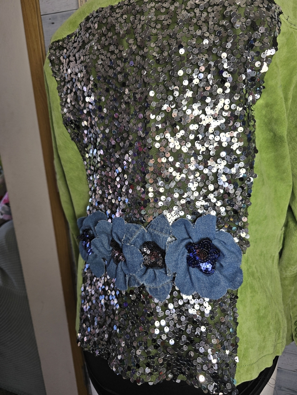 Vtg Handmade Green Suede Embellished Sequin Denim Flower Detail Blazer Jacket - Picture 7 of 7